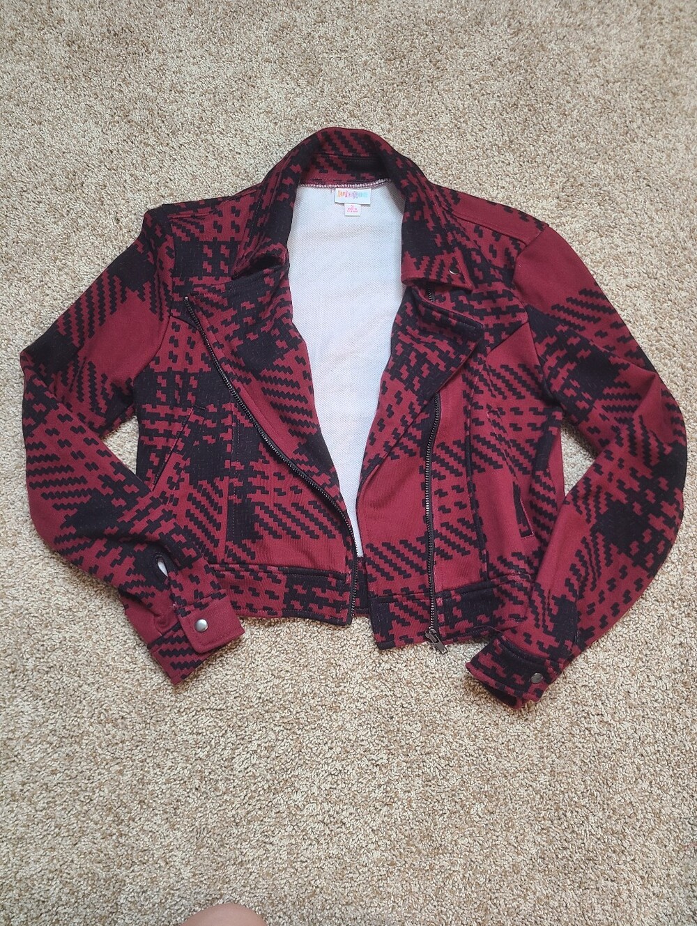 Cropped Moto Jacket LuLaRoe Presley Red Plaid Size Small